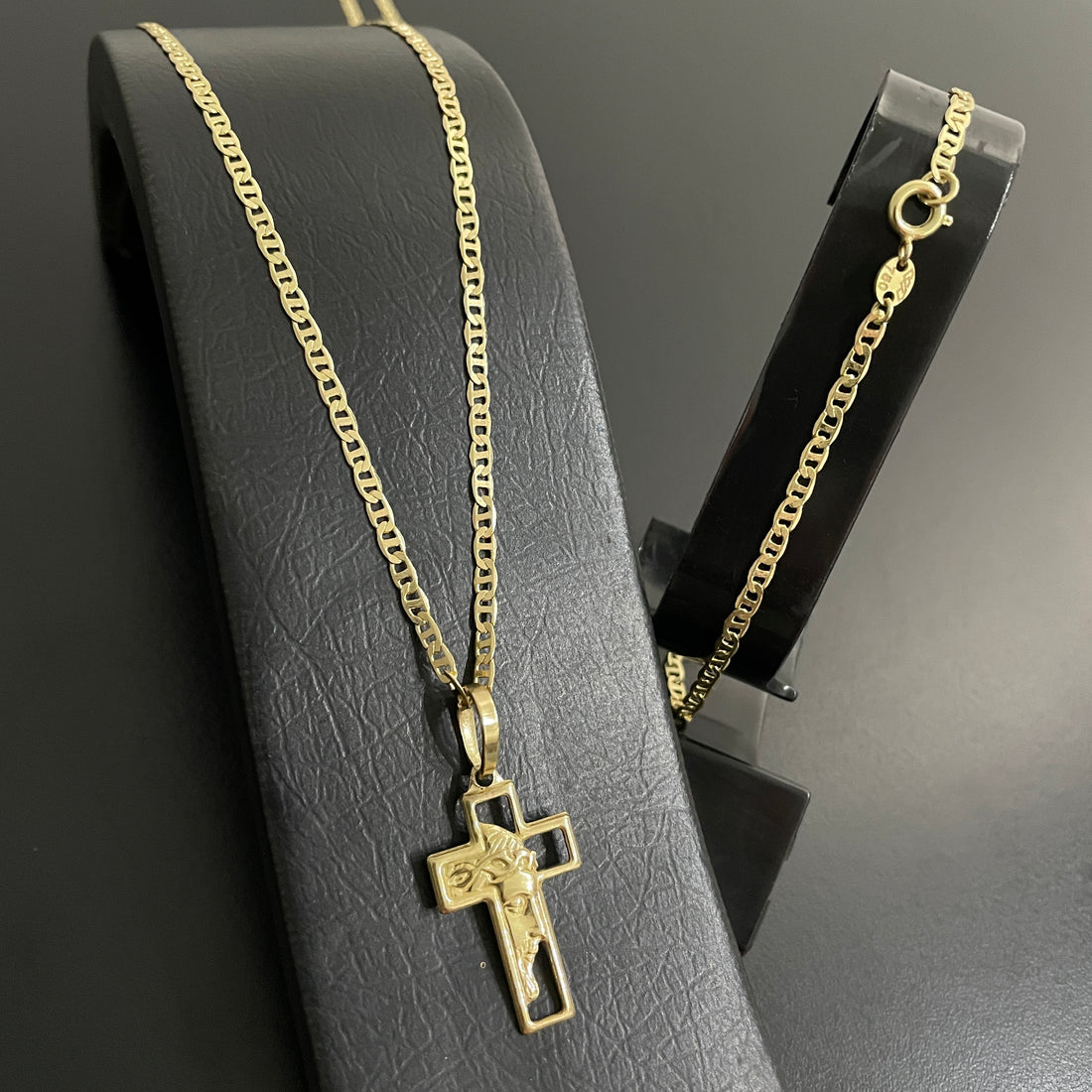 Kit completo Corrente e Pulseira Piastrine de Moeda Antiga Com Pingente Cruz Face de Cristo