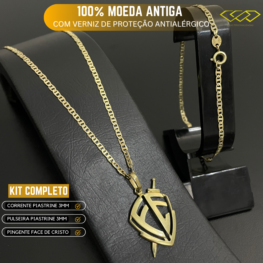 Conjunto Piastrine 3mm com Pingente Escudo da Fé de Moeda Antiga