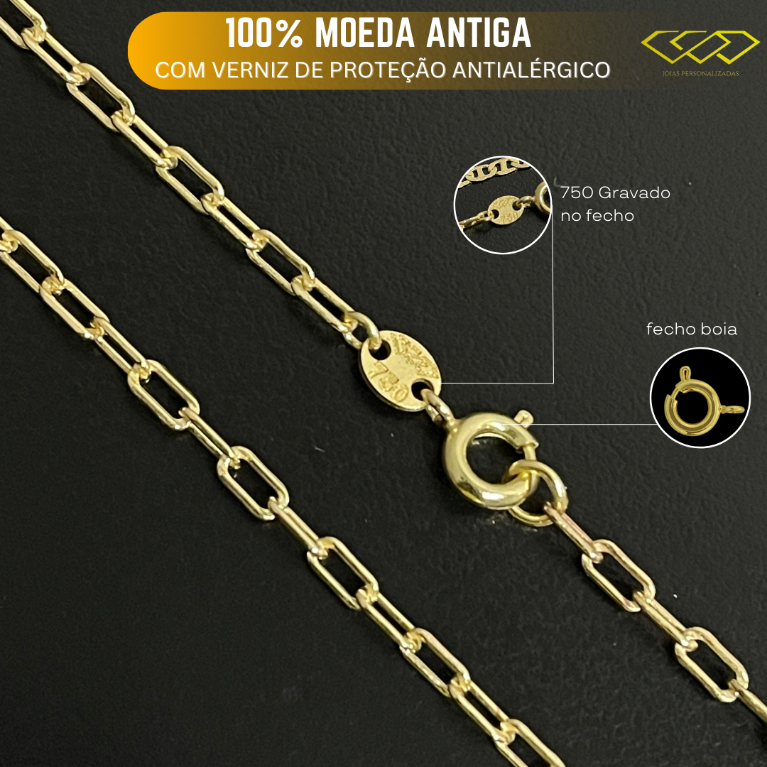 Kit Corrente Tijolinho 2mm com 65cm Fecho Boia + Pingente Cruz Amarrada de Moeda Antiga
